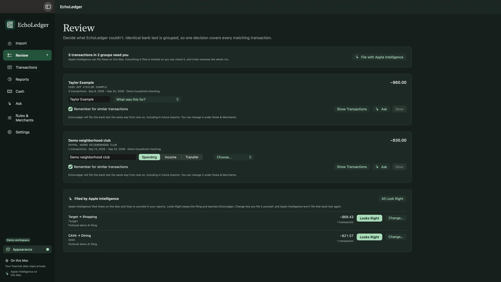 The Review screen with two groups of transactions to decide and two filings by Apple Intelligence to check