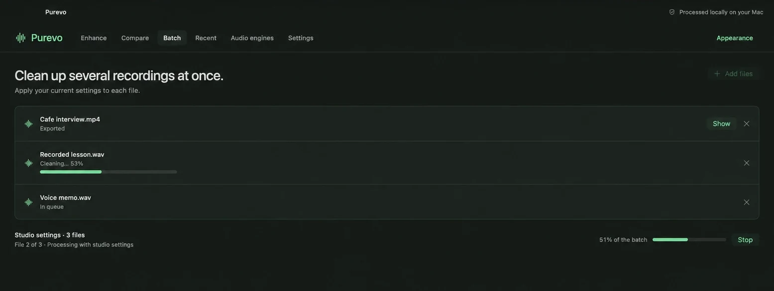 The Batch tab cleaning three recordings, with one exported, one at 53 percent, and one waiting