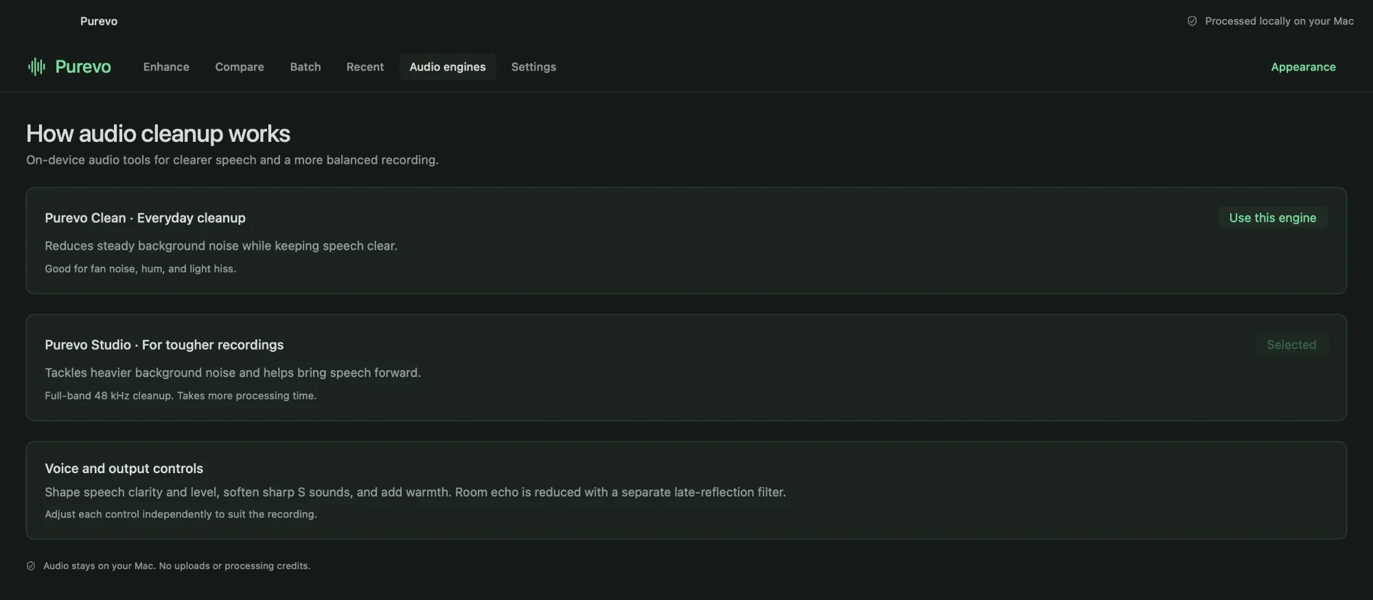 The Audio engines tab describing Purevo Clean for everyday cleanup and Purevo Studio for tougher recordings