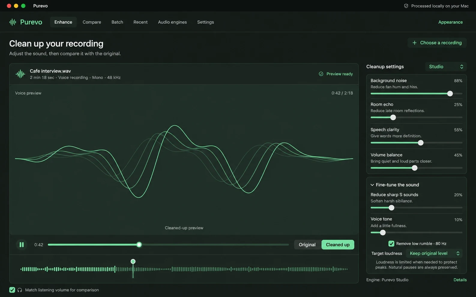 Purevo's Enhance tab with an interview recording, its waveform, and sliders for background noise, room echo, speech clarity, and volume balance