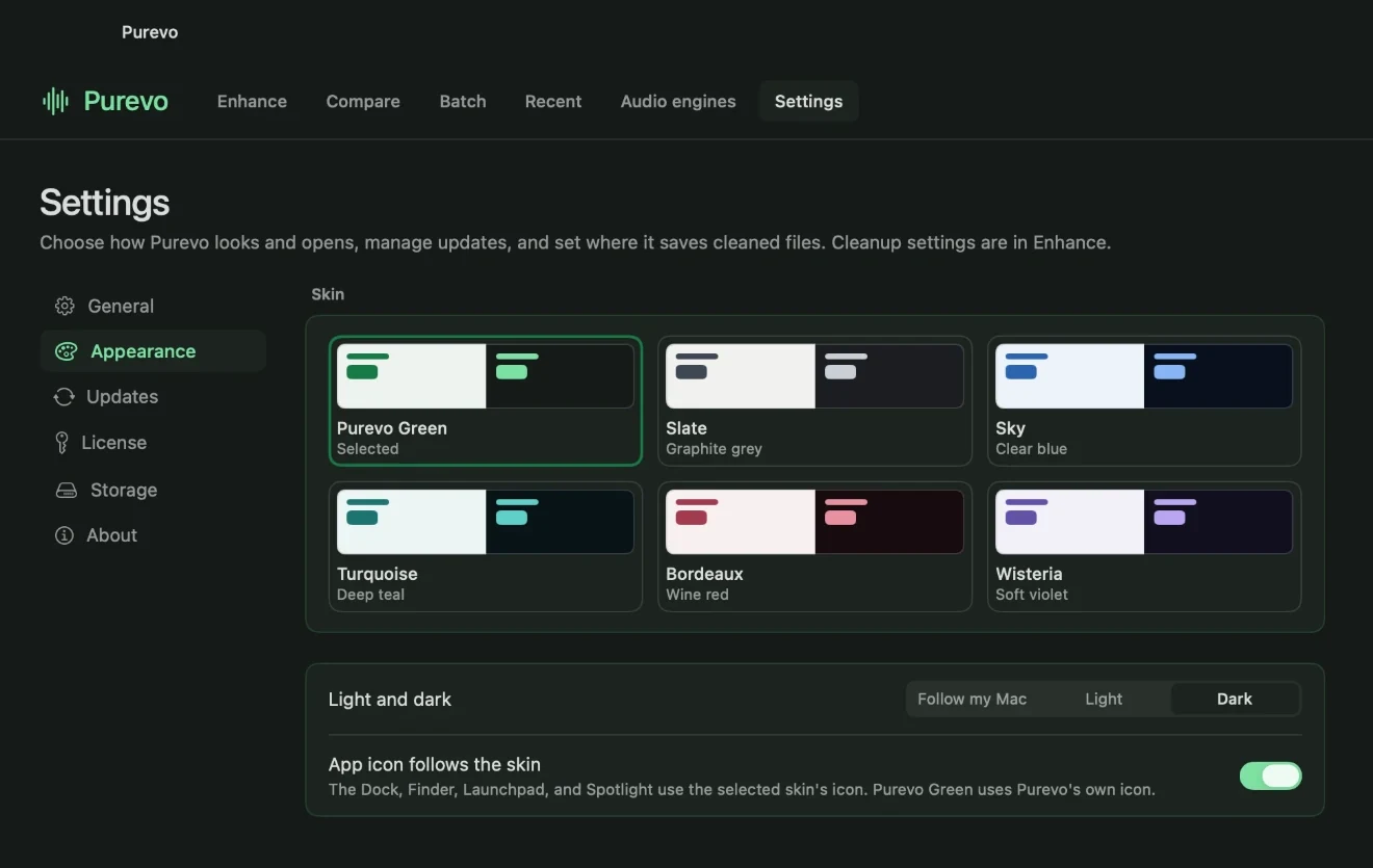 Purevo's Appearance settings with six color skins: Purevo Green, Slate, Sky, Turquoise, Bordeaux, and Wisteria