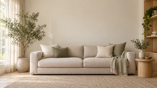 Bright living room with a cream sofa and a tall leafy plant