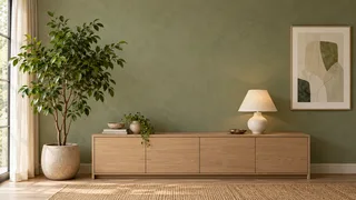 Sage-green room with a low wooden console, lamp, and plant