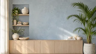 Pale blue room with a light wood sideboard and leafy plants