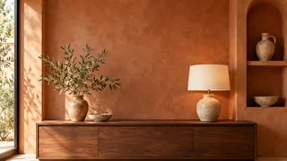 Terracotta-colored room with a wooden console and lamp
