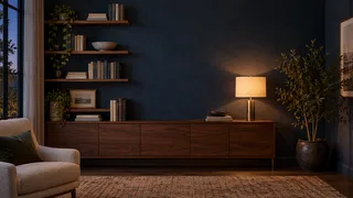 Dim living room with bookshelves, a sofa, and a lit lamp