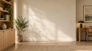 Sunlit neutral room with a pale wood shelf and a leafy plant