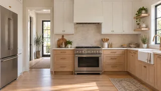 Light kitchen with pale wood cabinets and stainless steel appliances