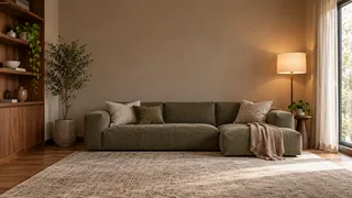 Warm living room with a long green sofa and wooden shelving