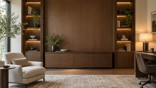 Dark wood room with built-in shelves, an armchair, and a desk chair