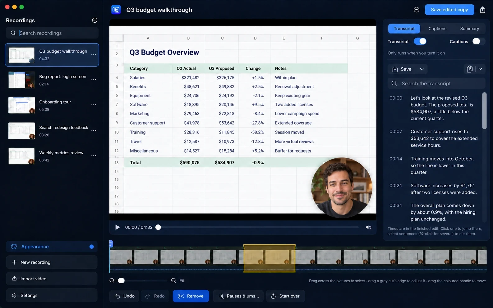 The editor with a spreadsheet recording, a selected timeline section, and the transcript beside it