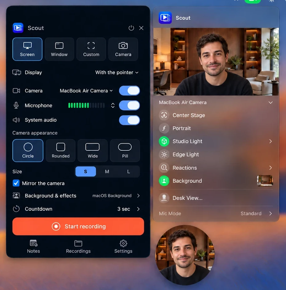 Recording controls beside the Mac camera menu, with Portrait, Studio Light, and Background effects
