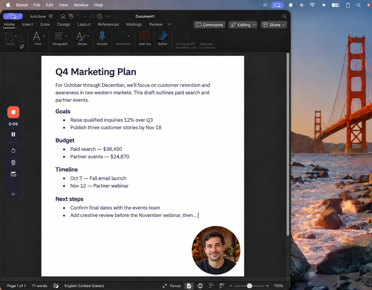 A Word document being recorded, with a small control bar on the left and a camera bubble in the lower-right corner