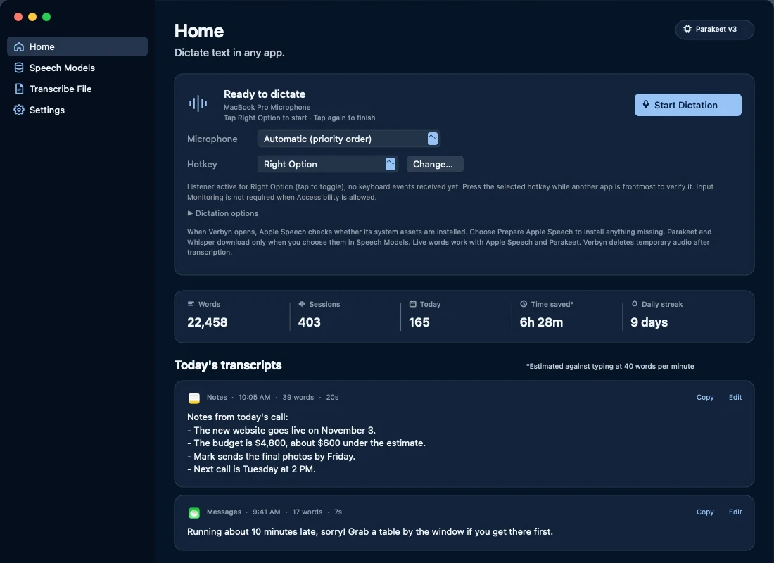 Verbyn's Home window, ready to dictate, with word counts and today's transcripts