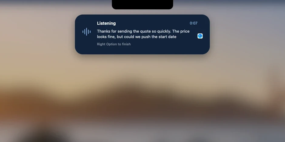 Verbyn's small floating window at the top of the screen, showing the words being dictated as you speak